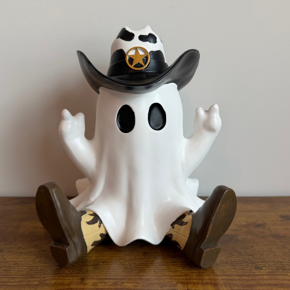 New Cowboy Sitting Ghost Boots Hat Figurine Decor Halloween Cow Print Western